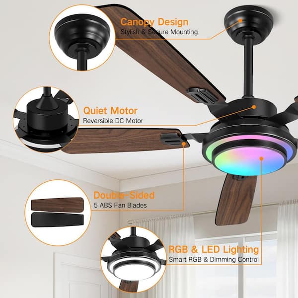 52 in. Indoor/Covered Outdoor Black Reversible Smart Ceiling Fan with Integrated LED and Remote Control