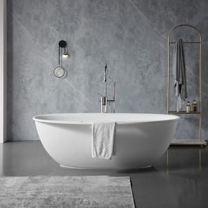 63 in. Stone Resin Oval Flatbottom Non-Whirlpool Freestanding Bathtub Soaking Tub in Matte White