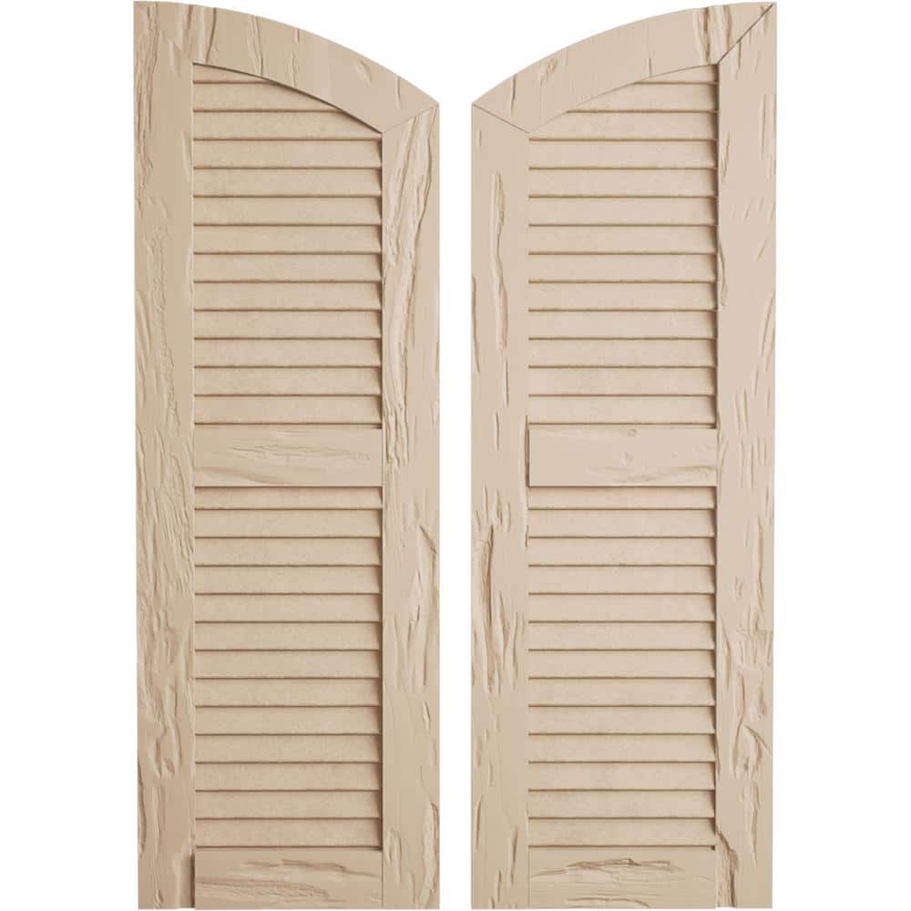 12 in. x 38 in. Polyurethane Pecky Cypress Two Equal Louver with Elliptical Top Faux Wood Shutters (Per Pair) Primed Tan price history on PriceWatchPro