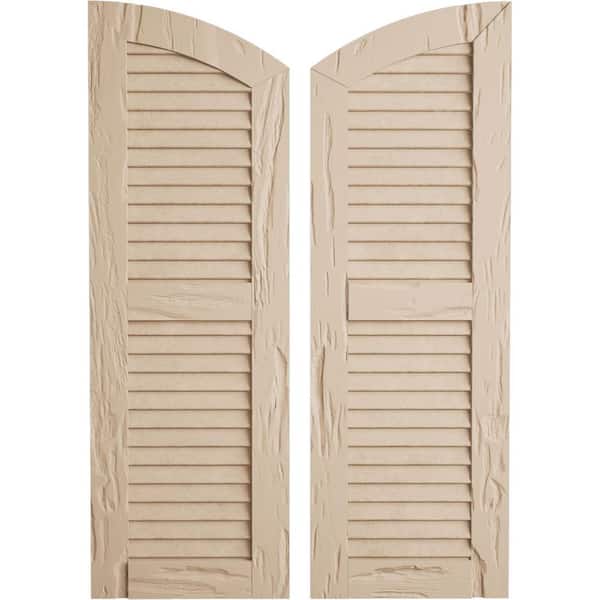 Ekena Millwork 15 in. x 30 in. Polyurethane Pecky Cypress Two Equal Louver with Elliptical Top Faux Wood Shutters (Per Pair) Primed Tan
