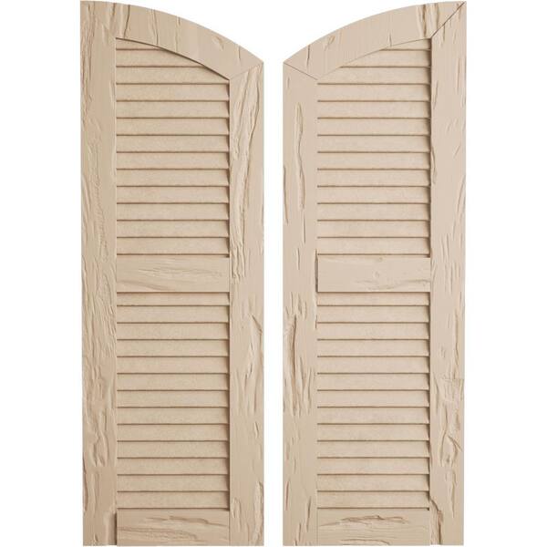 Ekena Millwork 18 x 74" Timberthane Polyurethane Pecky Cypress 2-Equal Louvered with Elliptical Top Faux Wood Shutters Pair in Primed