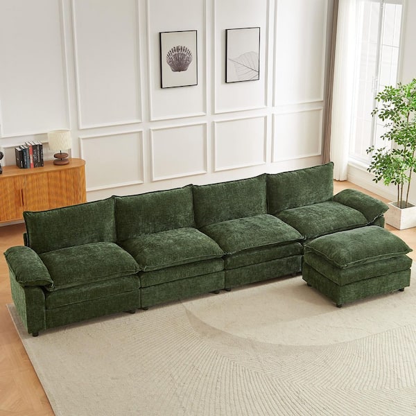 146.8 in. Square Arm L-Shaped Chenille Deluxe Pillow-Styled Modular Sectional Sofa in. Green with 1 Ottoman