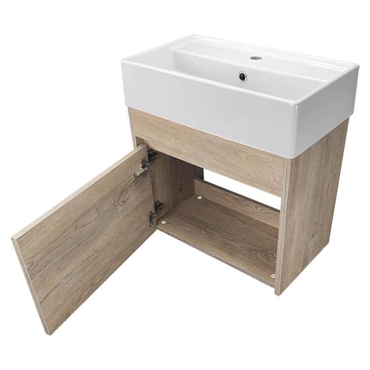 Mini 24" Brown Oak Wall Mounted Single Basin Vanity Set with White Ceramic Sink