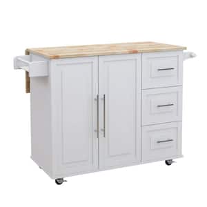 Modern White Kitchen Cart with Spice Rack, Towel Rack and Solid Wood Table Top