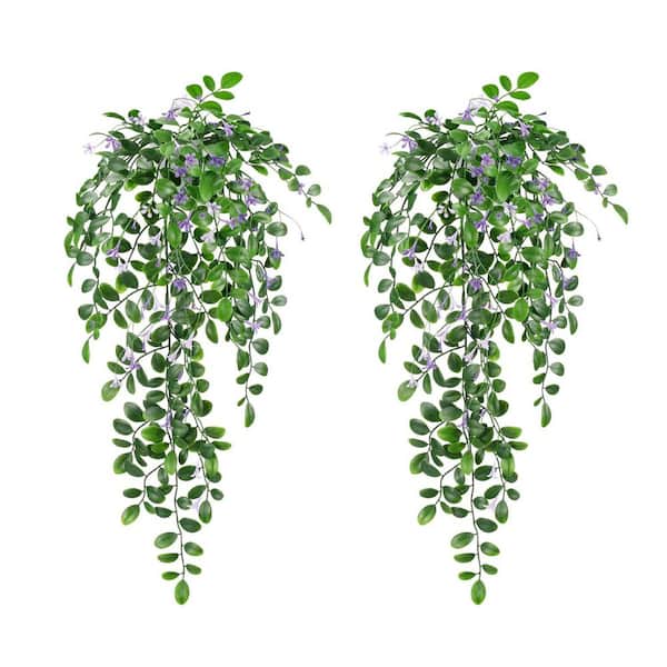 Unbranded 10.62 in. 2-Piece Artificial Hanging Vine Plants White Pink  Flowers Greenery Leaves Black Pot for Indoor Outdoor Decor 59C1124D1295