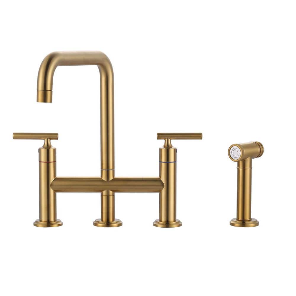 Double Handle Bridge Kitchen Faucet, Deck Mount Kitchen Sink Faucet with Side Sprayer in Brushed Gold price history on PriceWatchPro