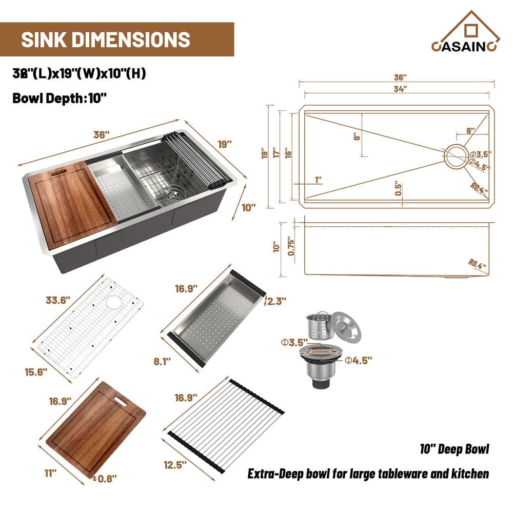 36" Stainless Steel Undermount Kitchen Sink with Accessories