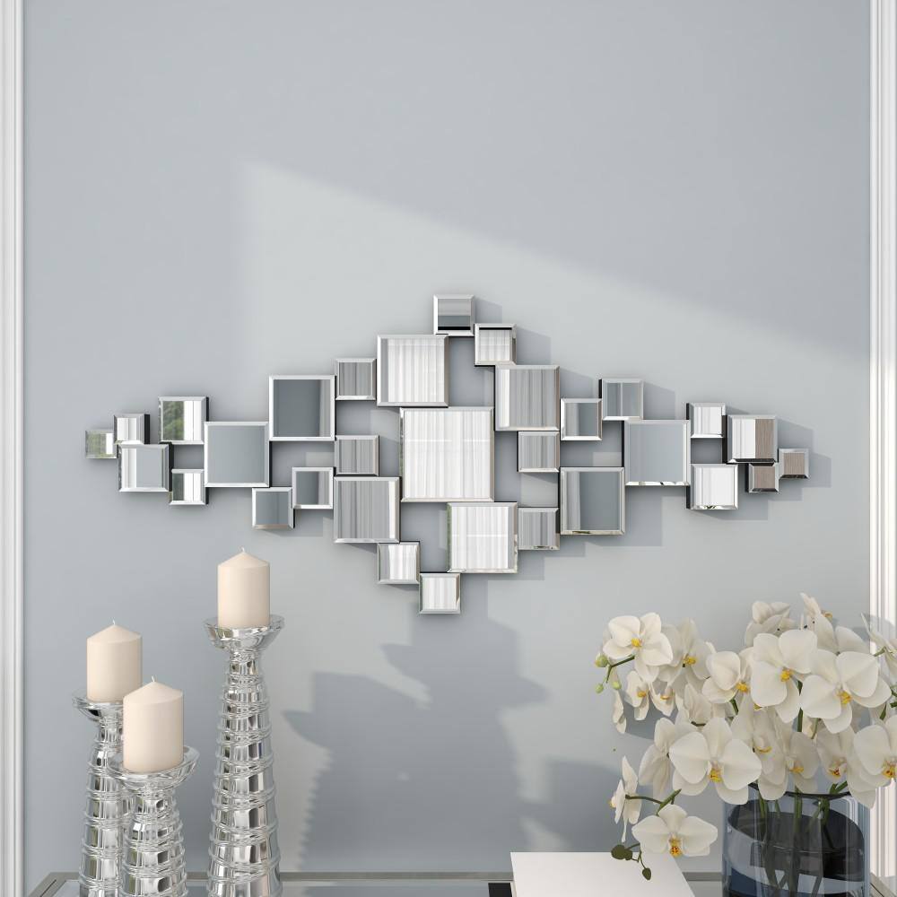 Silver Geometric Frameless Wall Mirror with Cut Out Design
