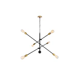 Timeless Home Aria 42 in. W x 21 in. H 6-Light Black and Brass Pendant