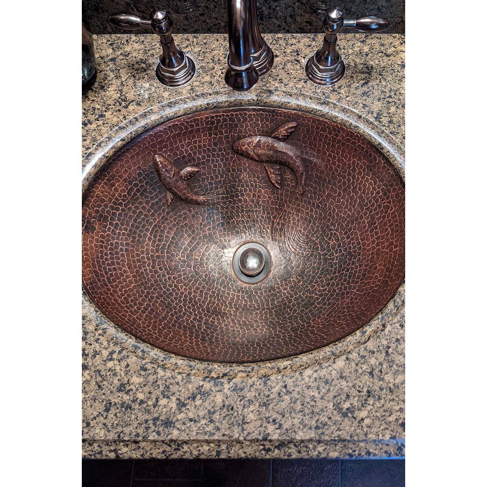 19" Oval Hammered Copper Undermount Sink with Koi Fish Design