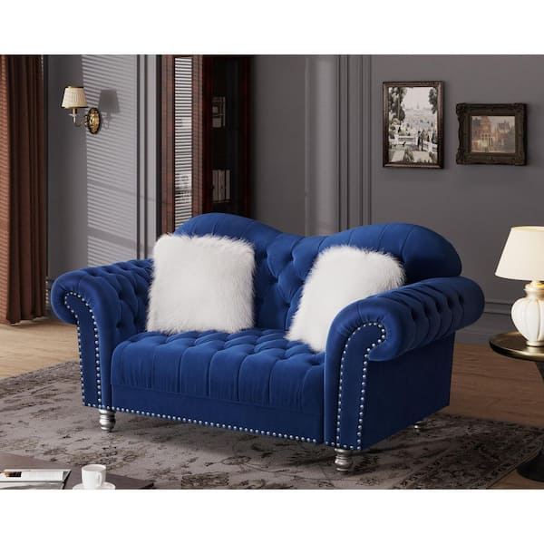 Morden Fort 69 in. Velvet 2-Seater Blue Loveseat America Chesterfield Tufted Camel Back