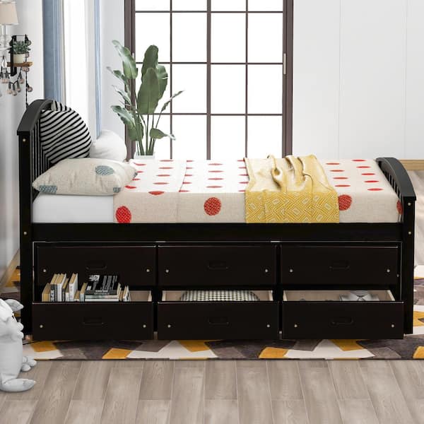 Harper Bright Designs Espresso Twin, Solid Wood Platform Bed Frame With Storage