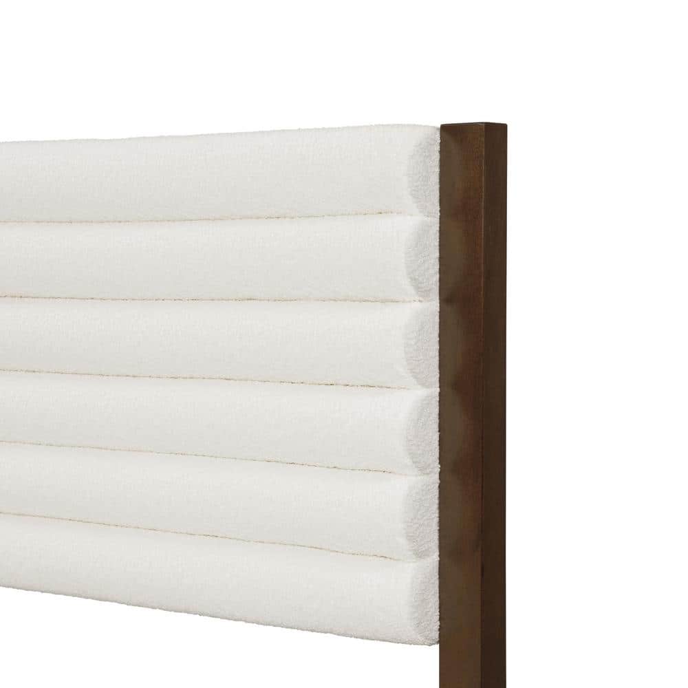 Adin Queen Dark Walnut Wood Frame Bed with White Boucle Upholstered Headboard