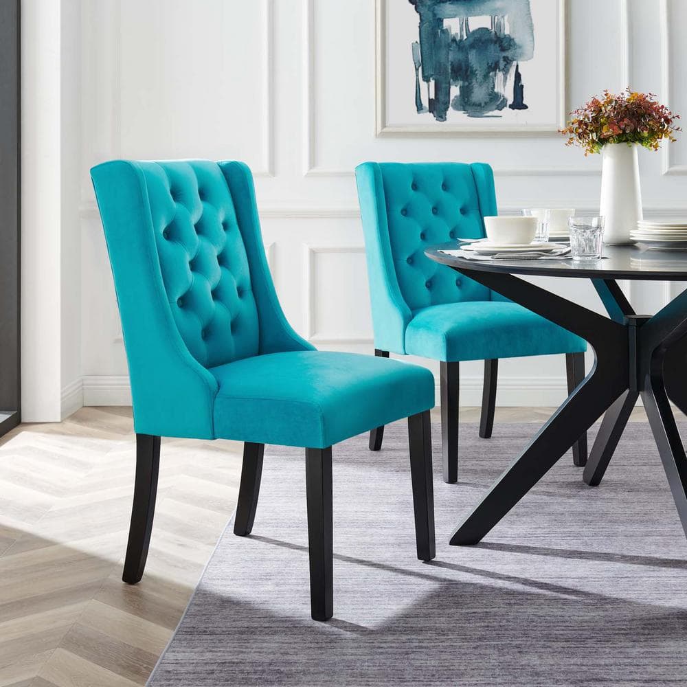 Blue Velvet Upholstered Side Chair with Wood Legs