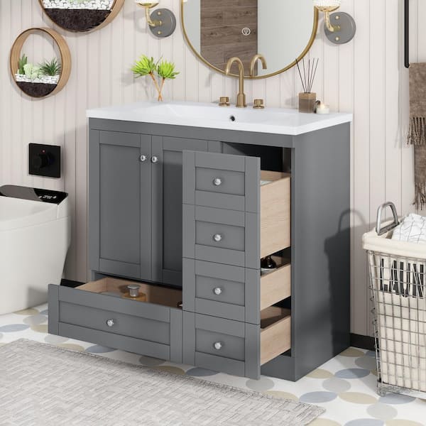 35. 8 in. W x 17. 9 in. D x 34. 5 in. H in Single Sink Freestanding Gray Bath Vanity, with White Resin Top Basin