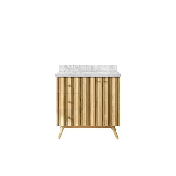Willow Collections Pasadena Teak 36 in. W x 22 in. D x 36 in. H Single Sink Bath Vanity Center in Light Teak with 2 in. Carrara Marble Top