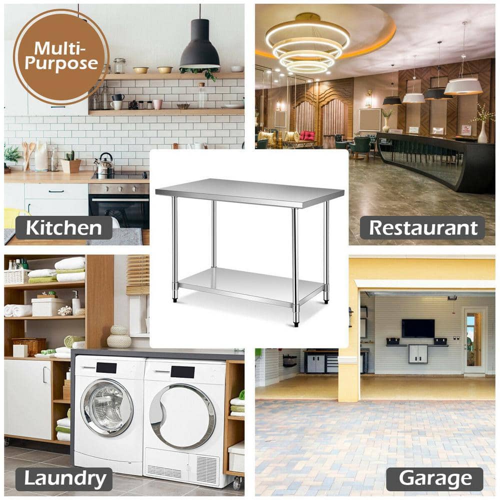 48" Silver Stainless Steel Kitchen Worktable with Storage Shelf