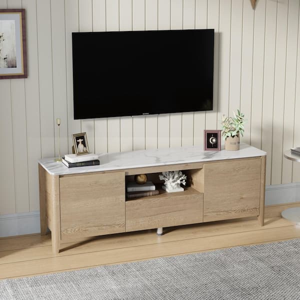 Boyel Living Natural 58 in. Modern TV Stand with LED Lights Entertainment Center Fits TVs up to 60 to 80 in.