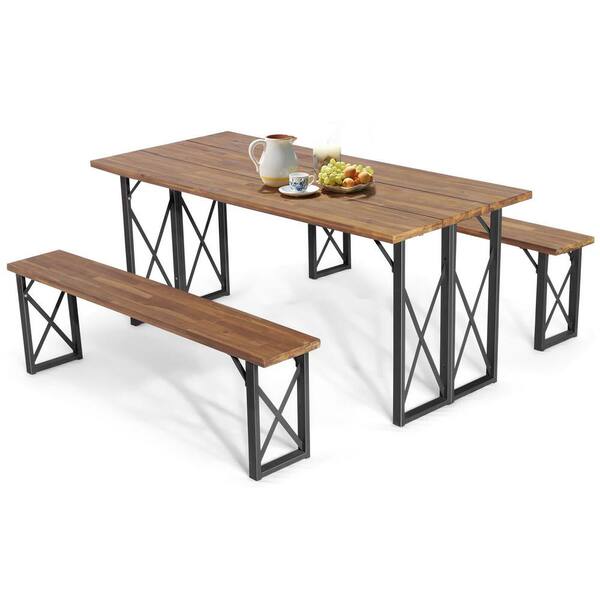 67 in. L 6-Person Acacia Wood Picnic Table Bench Set with 2 in. Umbrella Hole