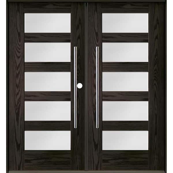 Krosswood Doors Faux Pivot 72 in. x 80 in. Left-Active/Inswing 5-Lite Satin Glass Baby Grand Stain Double Fiberglass Prehung Front Door