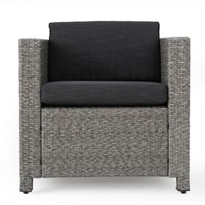 Cadence Mixed Black Iron-Framed Faux Rattan Outdoor Patio Lounge Chair with Dark Gray Cushions