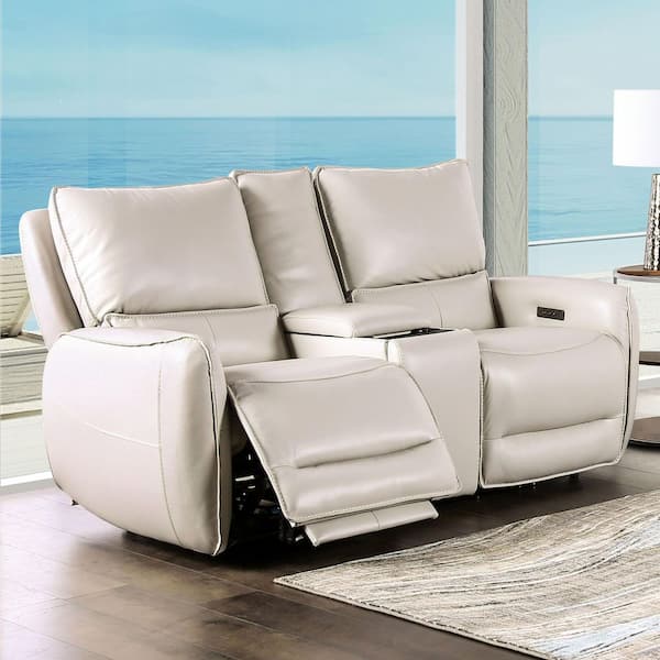 Furniture of America Elvera 74 in. Beige Leather 2-Seater Power Loveseat with Armrests