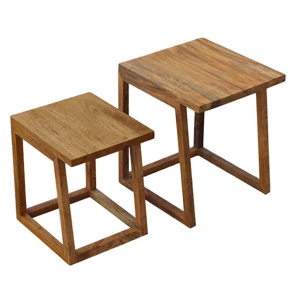 THE URBAN PORT 15 in. Brown Rectangular Mango Wood Nesting Side Table Set with Grain Details