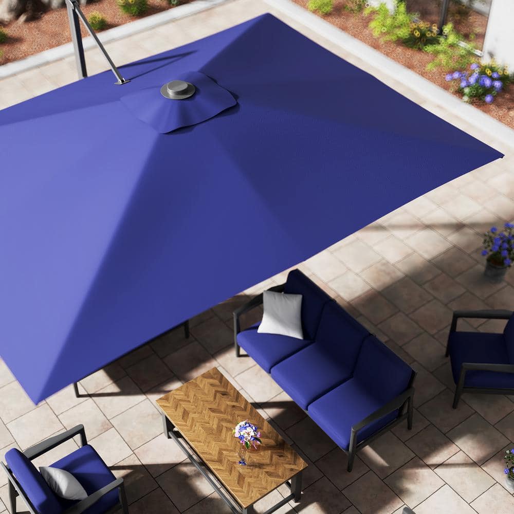 Navy Blue Rectangular Cantilever Patio Umbrella with LED Light and Stand