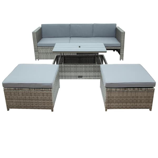 waelph 4-Piece Wicker Patio Conversation Set with Retractable Table and Gray Cushions