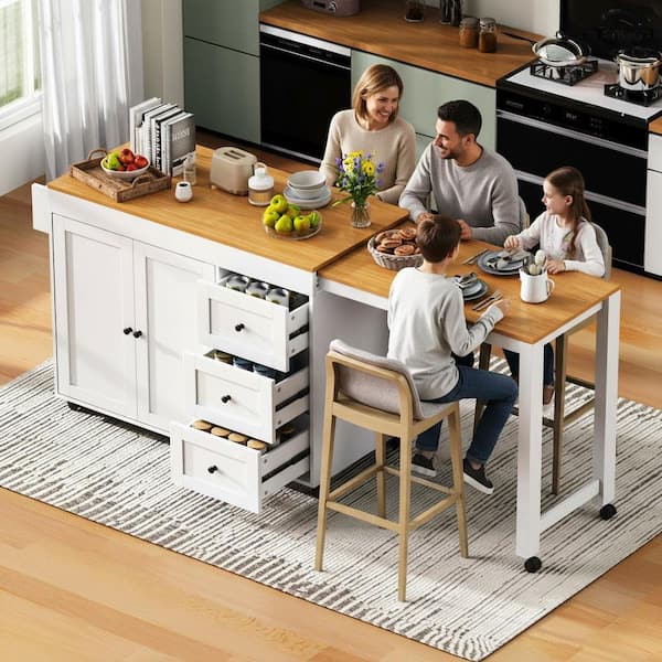 Runesay Farmhouse White Wood 74.8 in. Power Outlet Kitchen Island Extendable Dining Table with 2-Door Cabinet and 3-Drawer