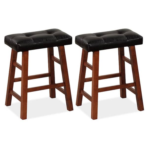 Costway 24 in. Black and Brown Upholstered Barstools Backless Rubberwood Dining Chairs (Set of 2)