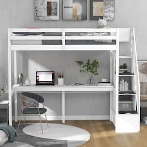 White Twin Size Wood Loft Bed with Stairway and Storage Drawers Loft Bed Frame with Long Desk for Kids