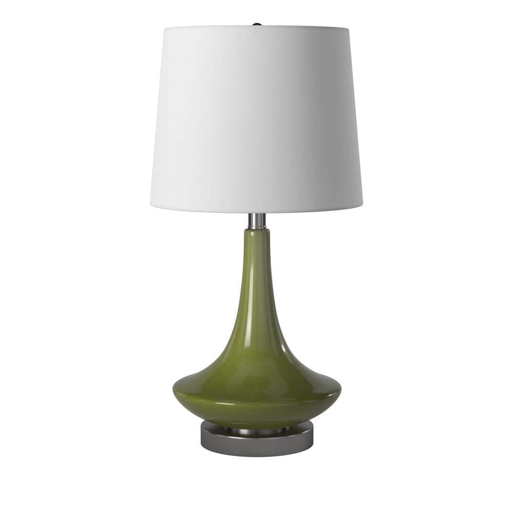 Green Glass Table Lamp with White Fabric Shade