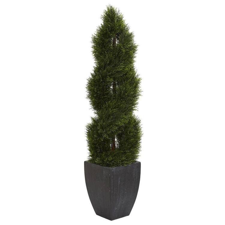 Nearly Natural 5-ft Double Pond Cypress Spiral Topiary Artificial Tree in Black Wash Planter UV Resistant (Indoor/Outdoor)