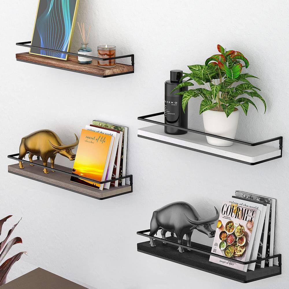 Black Iron and Wood Floating Wall Shelves Set of 2