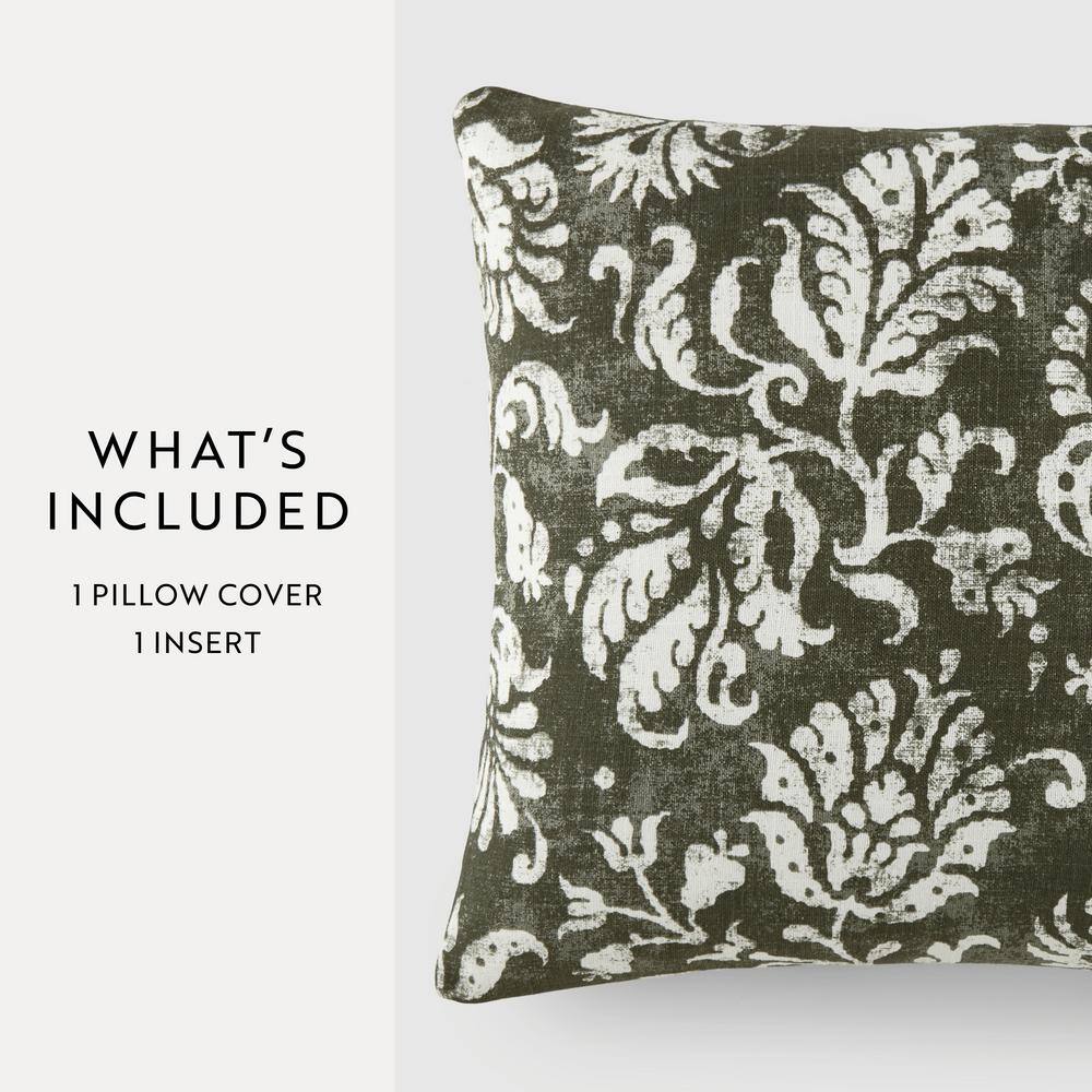Olive Green Cotton Square Throw Pillow with Floral Pattern