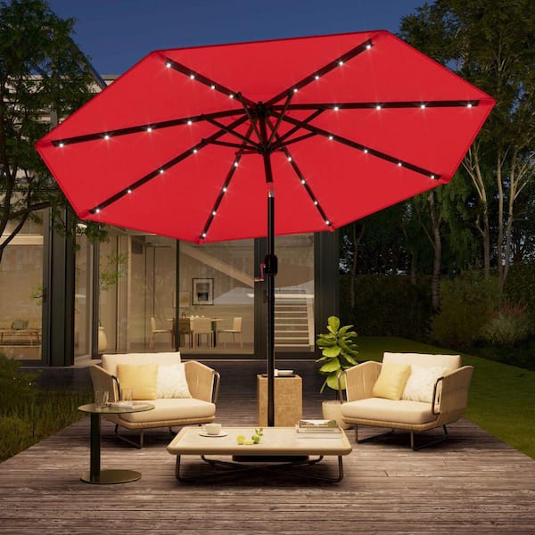 10 ft. Steel Solar-powered Round Outdoor Market Patio Umbrella with Crank in Chili Red