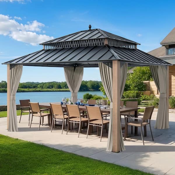 14 ft. x 12 ft. Kingston Aluminum Frame Steel Double Roof Hardtop Rectangular Gazebo with Curtain and Netting, WoodGrian