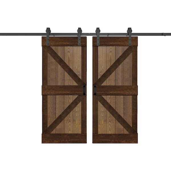 ISLIFE K Series 76 in. x 84 in. Walnut/Coffee Finished DIY Solid Wood Double Sliding Barn Door with Hardware Kit