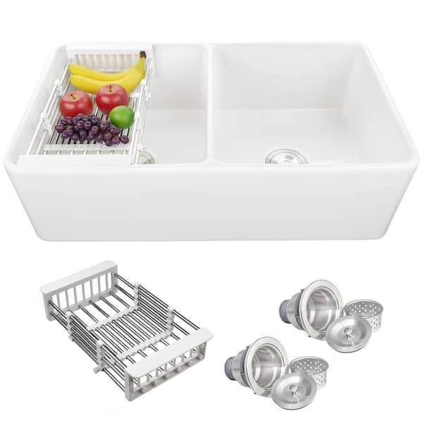 White Fireclay 33 in. Double Bowl Apron-Front Kitchen Sink with Basket Strainer