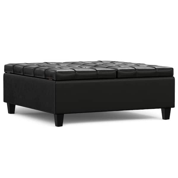 Simpli Home Harrison 40 in. Square Large Coffee Table Storage Ottoman in Midnight Black Vegan Faux Leather, Assembled