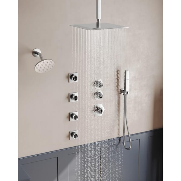 8-Spray Patterns 12&6 in. Square Ceiling and Wall Mount Dual Shower System Set in Brushed Nickel