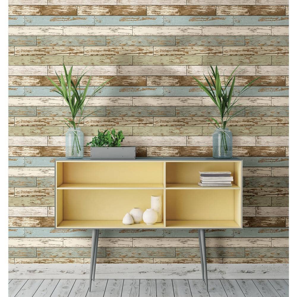 Vintage Turquoise and Beige Wood Peel and Stick Wallpaper