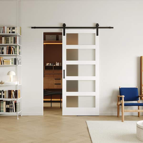 TENONER 36 in. x 84 in. 5 Panel, Frosted Glass, White, Can Be Painted, Primed MDF Sliding Barn Door with Hardware Kit