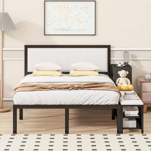 Black Metal Frame Full Size Platform Bed with 2-Shelves and Wooden Cabinet for Kids, No Spring Box Needed
