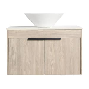 Victoria 30 in. W x 19 in. D x 24 in. H Floating Single Sink Bath Vanity with Stone  in White and Cabinet in Wood Top