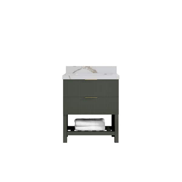Willow Collections Catalina 30 in. Freestanding Pewter Green Bath Vanity with Calacatta Gold Qt. Top Unassembled