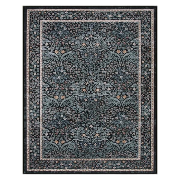 Boho Floral Botanical Washable Non Slip Black 8 ft. x 10 ft. Area Rug