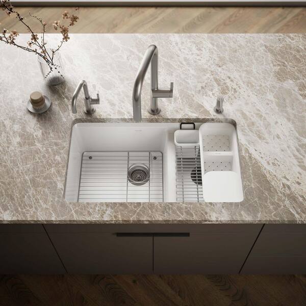 Riverby Undermount Cast Iron 33 in. 5-Hole Double Bowl Kitchen Sink Kit in White