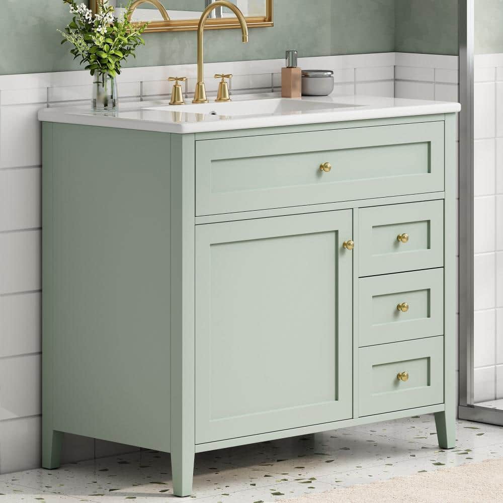 36 in.Single Sink Light Green Freestanding Bathroom Vanity,White Ceramic Top,Soft-Close Door,4 Drawers,Adjustable Shelf price history on PriceWatchPro
